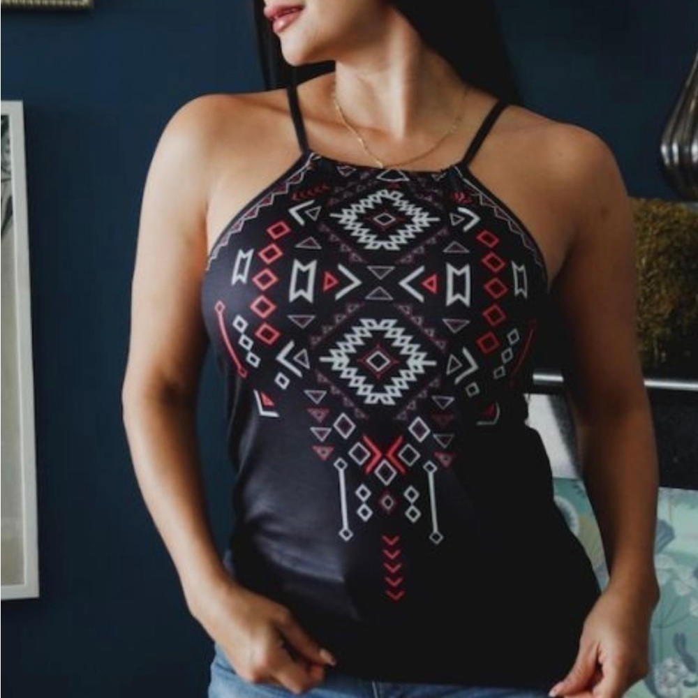 L&b Black with Aztec Print Detail Halter Top. NWT - Picture 4 of 4